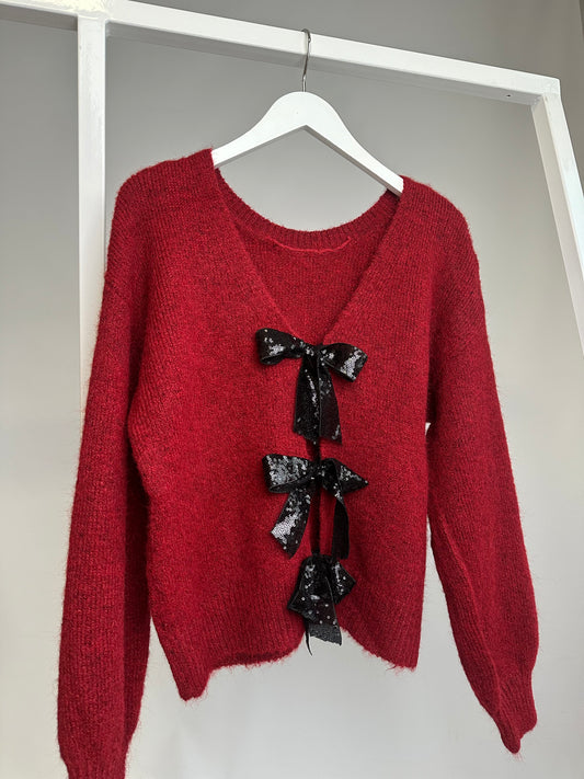 KNIT PULLOVER RED BOWS